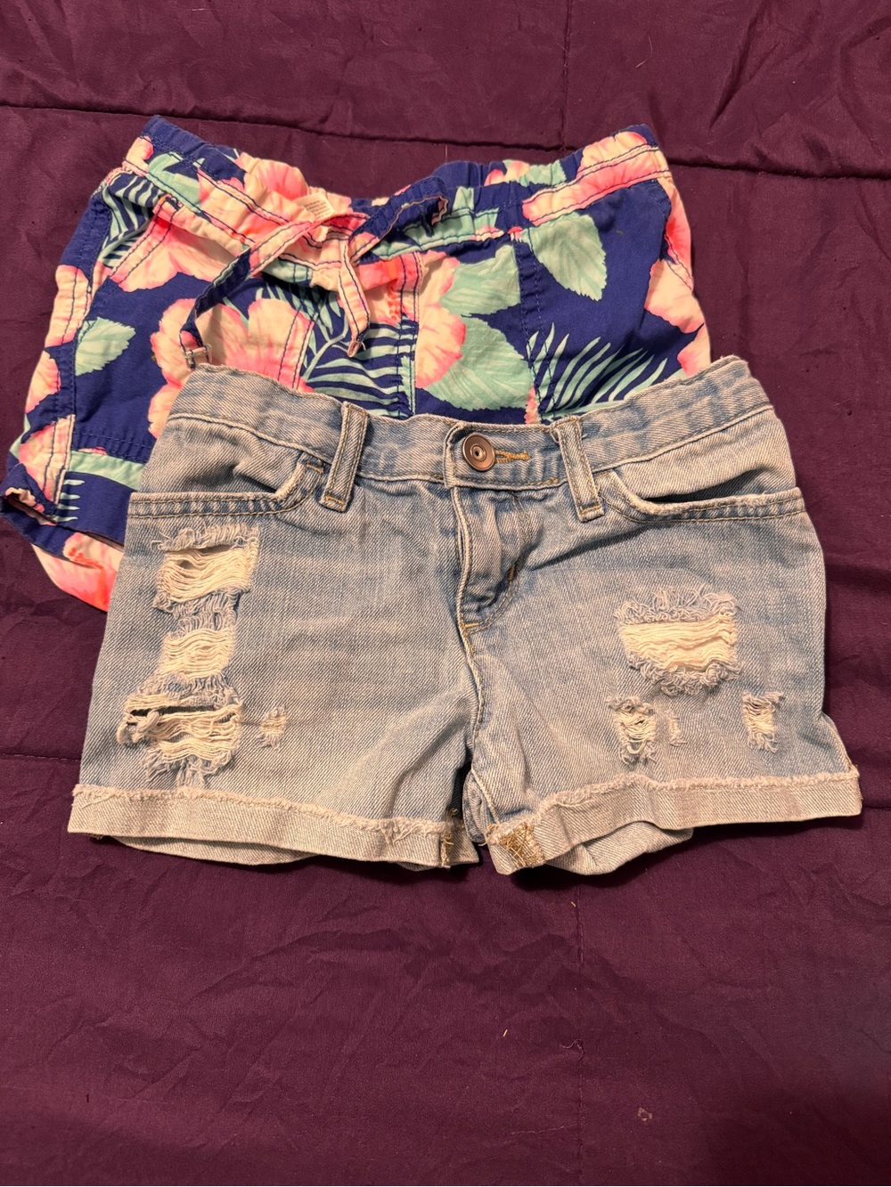 Place Girls Navy Floral Drawstring Shorts & Light Denim Ripped Shorts